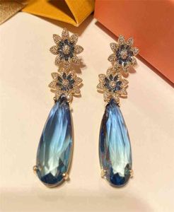 Fashion Flowe Blue CZ Długie duże kolczyki dla kobiet Wedding Bridal Gift Biżuteria 2106243131318