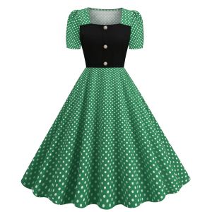 Vestido elegante feminino vestidos de verão polka dot print gola quadrada manga curta vintage festa rockabilly vestido botão vestidos casuais