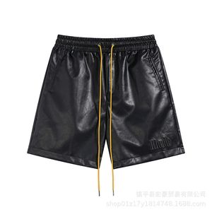 Mens Shorts RHUDE Arrival Leather High Quality Embroidery Oversize Men Women Drawstring Elastic Tie Beach Casual Black Color 1 230714