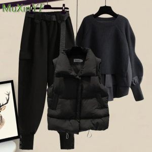 Anzüge frauen Herbst Winter Neue In Passenden Set 2023 Neue Koreanische Elegante Weste + Gefälschte Zwei Stück Stricken Pullover + Cargo Hosen Drei Stück Anzug