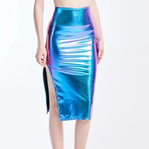 Saias verão holográfica coxa divide bodycon midi saia sexy metálico olhar molhado laser lateral fenda lápis saia festival roupas