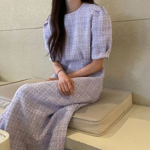Vestido elegante o pescoço puff manga curta roxo xadrez vestido feminino maxi moda coreano branco tweed robe vestidos longos 2024 outono