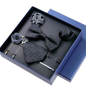 8-stycken set bussiness blå slipsar för mans floral brosches stift manschettknappar slipsar klipp fjäril bowtie bröllop accessori presentlåda set 240223