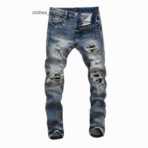 Denim amirs jeans designer byxor man faller 8316 high street mode helt ny blå trasig mens personlighet lapp elastisk smal fit män gszb