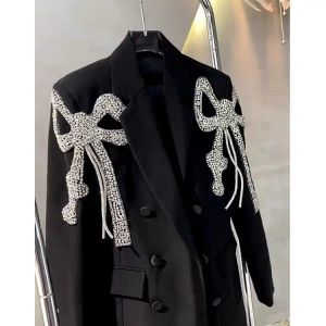 Blazers Women Bow Diamonds Beaded Black Blazer Coat Turn Down Collar Drilling Suits Jacket OL Crsytal Cardigan Crop Tops Chaqueta