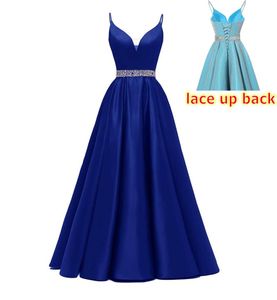 스파게티 블루 롱 댄스 파티 드레스 파운드드 새시 새틴 v- 넥 공식 이브닝 가운 바닥 길이 저렴한 파티 신부 들러리 드레스 CE-UP BACK6839579