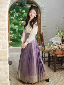 スカートヴィンテージハンフ紫色の馬の女性のための伝統的な中国語衣装2pcsシャツプリーツスカートセットma mian qun