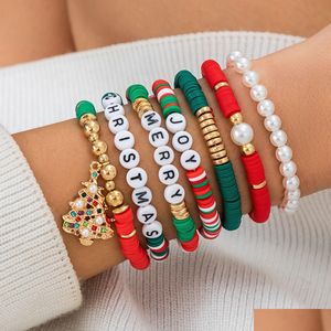 Beaded Christmas Stretch Armband Set Surfer Heishi Stapble Strands Clay Bead With Elastic String Letter Boho Beach Friendship for DHB6Y