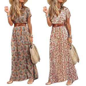 Kleid Fashion Boho Langes Kleid für Frauen gegen Nacken Kurzarm Paisley Print Gürtel Großer Sem Beach Langes Kleid elegantes Frauenkleid 2021