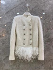 Women's Knits 2024 Fall Winter Women High Quality Luxury Ostrich Feathers Double Breasted Cardigans Female Chic Coat 2 Color Ddxgz2 10.09