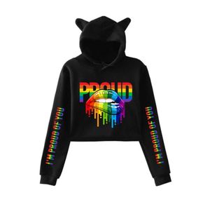 LGBT Gurur Kawaii Crop Top Hoodie Love Lezbiyen Gays Biseksüeller Komik Kedi Kulak Kırpılmış Kısa Sweatshirt Kapşonlu Kazak Tops3191709