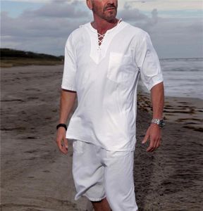 Men039s TrackSuits Summer Beach T Shirt Shorts Zestaw Mężczyzn Europa stocznie białe topy bawełniane lniane spodnie TEE Suit Męski materiał