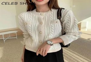 Shijia Autumn Knitt Cardigan żeńska perłowa guzika miękka otwarty ścieg sweter femme luksusowy zestaw dzianiny 2012049490014