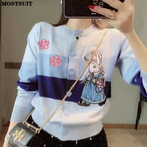 Cardigans Blue Cartoon Haftowany sweter Kobiety Kobiety Sweet Fashion Lose Ladies Knitwear Long Rleeve Single Breasted Scakers Tops