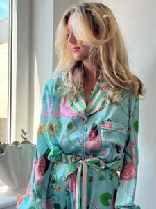 Ins Style Design Ice Silk Flamingo Piżama Women Spring/Summer Długie rękawowe spodnie domowe Zestaw Plant Flower Pajamas Women 240306