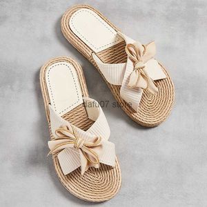 Slippers New Summer One line Womens with Linen Bottom Solid Color Fashion Trend Indoor and Outdoor Golden Edge BowH24030666