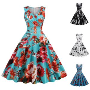 Klänning blommig tryck sommarklänning 50s 60 -tal vintage prom kvinnor elegant sväng rockabilly fest klänningar avslappnad midi klänning fest vestidos