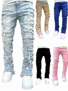 Mens Jeans Regular Fit Stacked Patch Ejressad förstörde Straight Denim Pants Streetwear Clothes Casual Jean A2GA