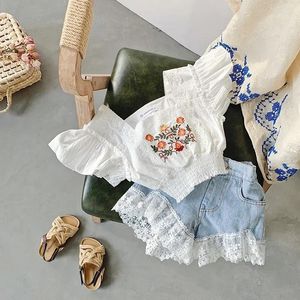 Conjuntos de roupas crianças roupas conjunto verão meninas moda renda blusa amp denim shorts estilo coreano crianças calças casuais jeans 2-7y