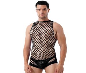 Ternos de uma peça masculinos lingerie transparente com rede bodysuits ocos arrastão bodystockings halter pescoço sem mangas elástico nightw9193913