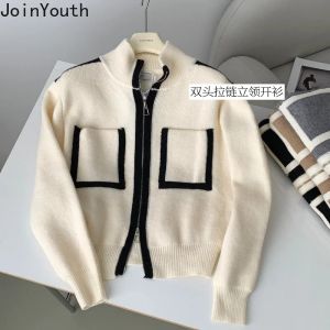 Cardigans Temperament Cardigan dla kobiet Sueter Mujer Pockets Gruste Pull Femme Stojak Szyja Szyjka Przycięty Sweter Płaszcz Sweter