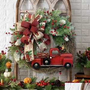 Decorative Flowers & Wreaths Christmas Wreath Artificial Plant Rattan Red Truck Rustic Fall Front Door Round Garland Simation Berries Dhoxx