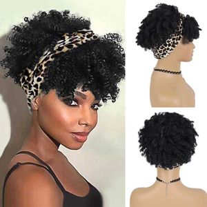 Perucas de cabelo sintético afro puff kinky encaracolado peruca com franja bandana curto para preto feminino turbante envoltório uso diário 240306