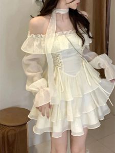Elbise uzun kollu zarif mini elbise lolita saf renk kısa parti elbise kadın rahat 2023 bahar tatlı tek parça elbise Kore moda