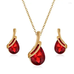 Necklace Earrings Set Ruby Rhinestone Jewelry For Women Girl Bridal Wedding Two Piece Wholesale Gift