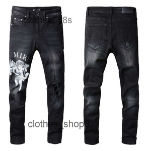 fashion brand Designer Men Jeans Amirs Pants Trend Amirs Street trendy Angel pattern black hole elastic tight legged jeans 61R4