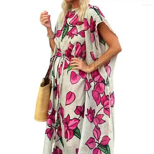 Casual Dresses Women Printed Dress Flower Print Oversized Maxi With Lace-up Waist Bat Sleeves For Women's Vacation Wear Floral