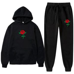 2 -stycken Set Hoodies Sweatpants Suit Rose Flower Print Tracksuit Men Women Sweatshirt Fleece Hoodie Pants Jogging Pullover 240228