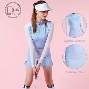 셔츠 DK 숙녀 선 스크린 의류 Longsleeve 셔츠 아이스 실크 골프 탑 높은 허리 연필 치마 여자 주름 스코트 의류 정장 mxxl