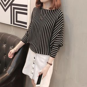 Pullovers 2021 Autumn Sweater Women Pullover Knitted Striped Batwing Fashion Loose Pullovers Knitwear Black Ladies Fall Sweaters Ladies