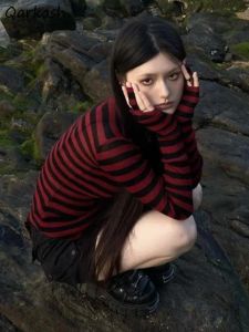 풀오버 레드 스트라이프 풀 오버 고딕 Y2K 옷 이모 여자 긴 소매 비대칭 haruku 슬림 카와이 복고풍 펨 메 스웨터 세련