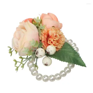 Charm Armband Bröllopshandelsblomma med Pearl Chain Artificial Rose Hand för Dancing Party Decor Brides Bridesmaid