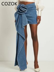 ドレスコゾク2023夏のデニムスカート女性3Dフラワーデザインパッチワークファッションハイウエストスカート不規則裾