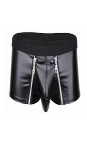 Cuecas Mens Lingerie Faux Leather Underwear Bulge Bolsa com fecho de zíper duplo Boxer Briefs Low Rise Sexy Masculino Panties3854700