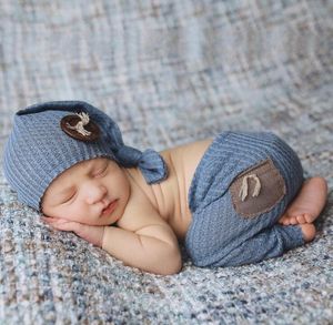 Neugeborenen-Strampler, Pografie-Requisiten, gestrickte Outfits für Jungen, Häkelmütze, Hose, Set9264099