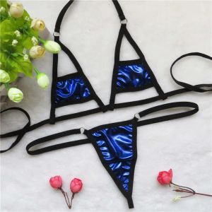 Set Micro Bikini Seksi Mayo Kadın Mayo Kadın Biquini Mini Bikinis Patent Deri Deri Derek Renk Üçgen Boşa Çıkış Parlak Işık