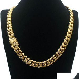 Ketten Männer Kubanische Kette Halskette Edelstahl Schmuck Hochglanzpolierte Hip Hop Curb Link Doppelte Sicherheitsverschlüsse 18 Karat gestempelt 14 mm von 18I Dhyar