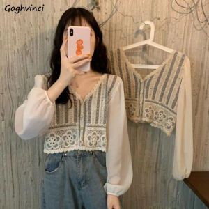 Gömlek Kadın Gömlek Şifon Patchwork Nakış Vneck Ladies Puff Sleeve Crop Üst Fransız Stil Çıkarmış Kadın İçi Boş Gömlek Modeli