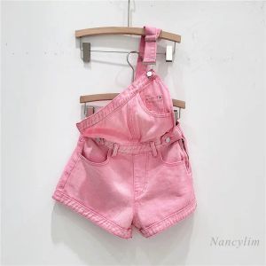 Jeans rosa oneshoulder denim shorts kvinnor 2023 sommar crossbody wideleg en linje yngre overaller heta byxor mode rem shorts