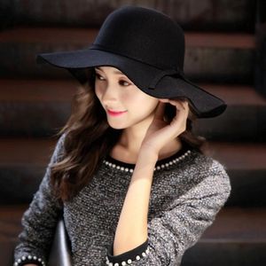 Weiche Wolle Frauen Hut Vintage Wide Bim Hats Hats Bowknot Ladies Floppy Feed Fedora Cap Gode233n