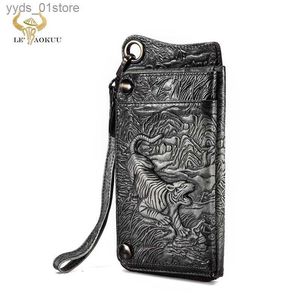 Money Clips Fashion Man Organizer Leather Design Tiger Emboss Checkbook Chain Zipper Pocket Plånbok Koppling Telefon Hylsa Män CK001-1BT L240306