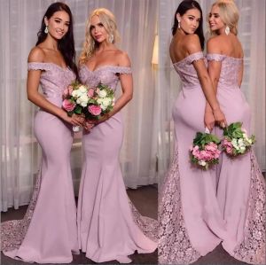 2024 Light Lilac Mermaid Bridesmaid Dresses Off the Shoulder Lace Applique Sweep Train Beach Plus Size Wedding Guest Gowns Custom Made Formal Evening Wear