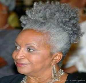 Intellektuella kvinnor grå hår toppare förlängning silver grå afro puff kinky lockigt dragkropp mänskligt hår hästsvansar klipp i riktigt hår 9355859