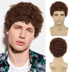 Hair Wigs Synthetic Wig for Men Brown Short Kinky Curly Fashion Hairstyle Daily Cosplay Halloween Natural Breathable 240306