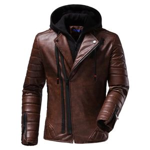 Jaqueta de couro pu masculina, jaqueta de personalidade para motocicleta com capuz, tamanho grande, roupas masculinas da moda 240227