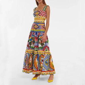 Women's Two Piece Sicily Set Beach Holiday Summer Spaghetti Strap Crop Top+ankle Length Skirt Vintage High Street Wear